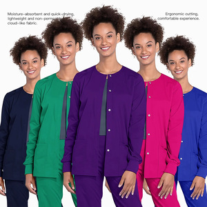 HZMNOI Women's Scrub Suit Polyester Spandex Long Sleeve Two Piece Set Breathable Solid Color Lab Workwear - Product Image 1