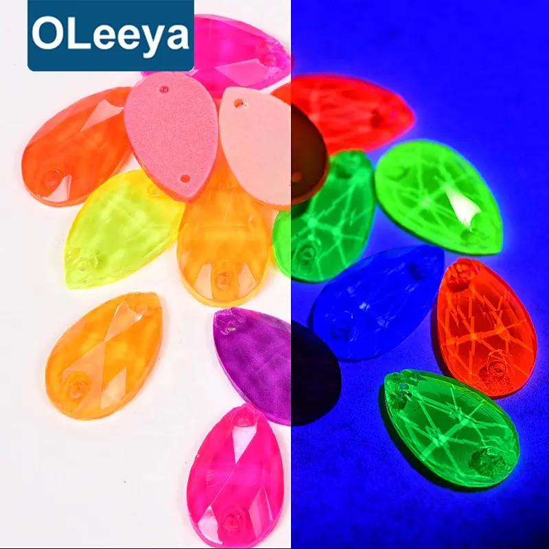 OLeeyaファクトリーホットセール3Aネオン蛍光グロージェムガラスがダンスコスチュームのラインストーンに縫い付けられています