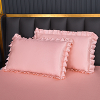 Ensemble de couvre-lits détachables élastiques en dentelle de soie glacée de style coréen avec broderie en mélange de lin rose uni
