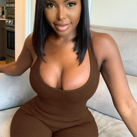 Kadın seksi tek parça Tank Top kolsuz Backless Bodycon şort tulumlar Bodysuit Bodysuit nervürlü katı örgü sıska