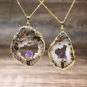 LS-A380 amazing natural gemstone necklace druzy agate necklace inlay amethyst with gold plated chain necklace fashion 2020