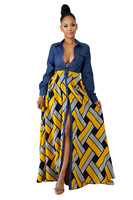 Robe décontractée personnalisée pour l'automne Chemise boutonnée à manches longues en denim imprimé patchwork Robe décontractée Robe africaine