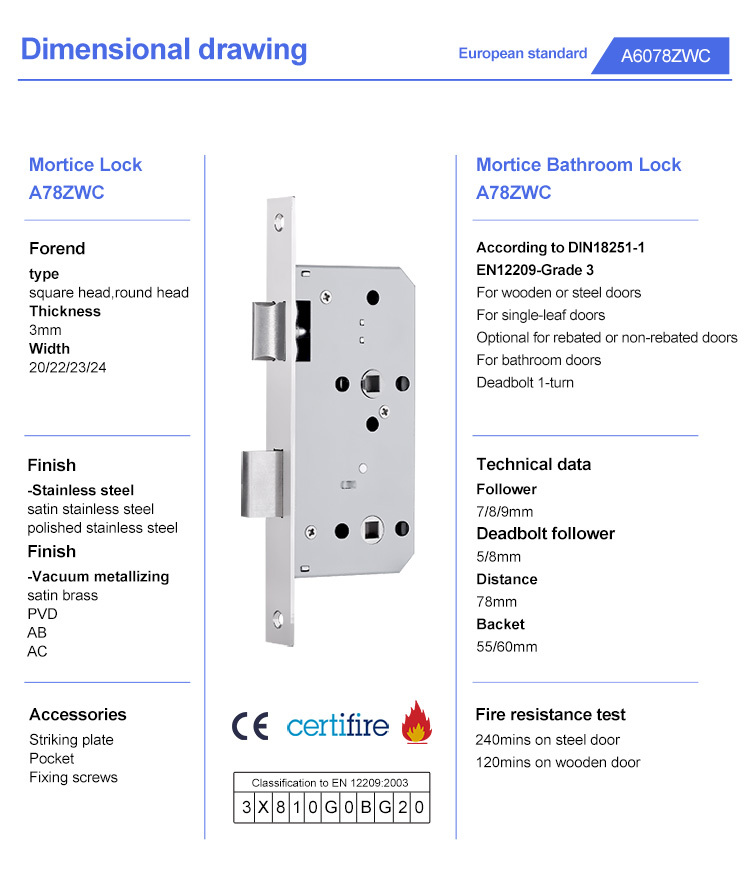 A6078WC Fire-Rated Bathroom Mortise Lock with Key Durable Anti-Theft CE Certified SS Black Antique Finish · image 2