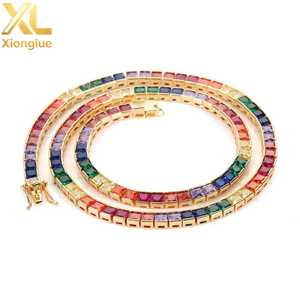 Collar de cadena tipo tenis con circonita cúbica cuadrada de colores, engaste de tensión de cobre brillante, centro de perla brillante, geométrico, para compromiso - Product Image 3