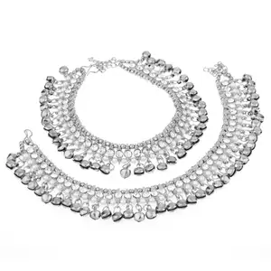 Tobillera de boda con perlas de Kundan de imitación chapadas en plata de bollwood, indio, par con campanas (2 piezas), pulsera, joyería para pies
