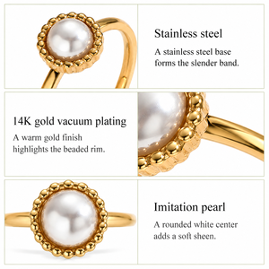 Bague en acier inoxydable avec imitation de perles, bord perlé, bande fine, options de couleur or et argent, finition plaquée or 14 carats - Product Image 3