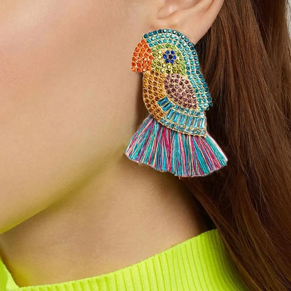 HANSIDON-boucles d'oreilles en forme d'oiseau, grandes perles en alliage, avec strass, bijoux tendance, style bohème, en fil de soie, goutte