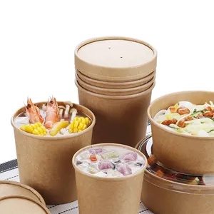 Plato desechable personalizado respetuoso con el medio ambiente, tazón redondo de 1050ml para ensalada, arroz, helado, papel Kraft, tazón de agua, sopa, taza con tapas