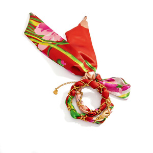 Flower Pattern Silk Scarf <b>Bracelet</b> For Women <b>Red</b> With Gold Chain Detail Elegant Accessory Jewelry Gift Fashion Statement Piece - Product Image 5