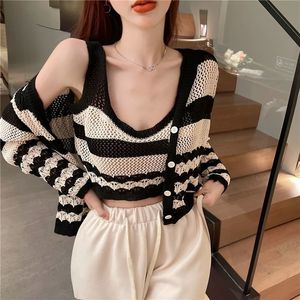 Women's Striped Knitted Top Niche Pure Desire Chic Summer Autumn Sling Two-Piece Set Casual Style Hot <strong>Girl</strong> Short Design - Product Image 1