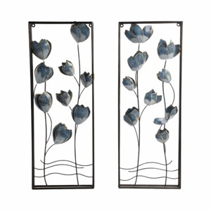 Decorazione da Parete in Metallo Design Tulipano Cornice Nera Fiori Blu Arredo Interno per Soggiorno Camera da Letto Bagno - Product Image 1