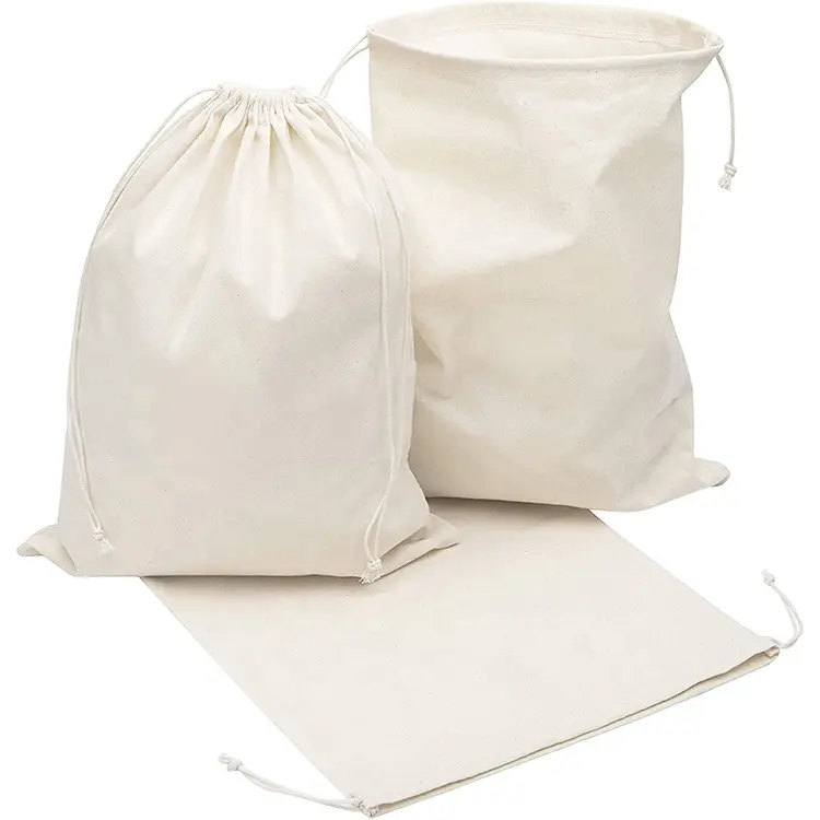 Logo personalizzato sacchetto di imballaggio di stampa panno bianco riutilizzabile eco-friendly grande mussola organico calico tela di cotone con coulisse sacchetti sacchetto