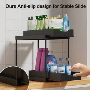 Étagère de rangement de cuisine en plastique à double couche, type extractible, stable, antidérapante, multifonctionnelle, cinq crochets, rangement <span class=keywords><strong>sous</strong></span> l'évier - Product Image 2