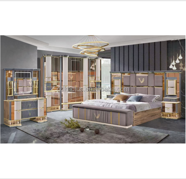 Turkish Style Luxury Super king Size Mirror Headboard Elegant Bedroom Furniture Set Classic Luxury Wooden Home Bedroom Furniture