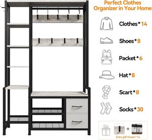 Mueble de recibidor rústico <span class=keywords><strong>blanco</strong></span> con estantes, banco para entrada con almacenamiento de zapatos y <span class=keywords><strong>perchero</strong></span> grande - Product Image 4