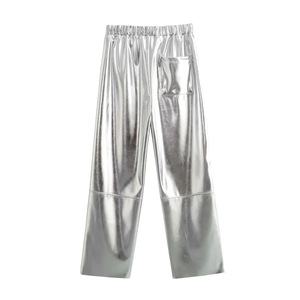 <span class=keywords><strong>Pantalon</strong></span> décontracté en <span class=keywords><strong>cuir</strong></span> PU de couleur argentée à <span class=keywords><strong>coupe</strong></span> <span class=keywords><strong>droite</strong></span>, brillant métallique élastique, taille haute, face plate, revêtement non tissé. - Product Image 2