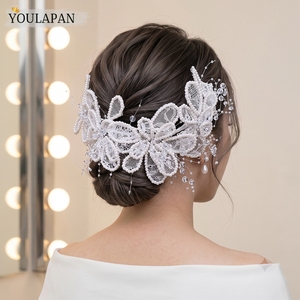 Tiara de novia de encaje hecha a mano YouLaPan con ribete floral bordado y cristales en forma de rama, elegante corona para el cabello de novia <span class=keywords><strong>HP702</strong></span> - Product Image 6