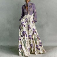 Robes longues décontractées en polyester, coupe trapèze, taille haute, boutonnées, à imprimé floral contrastant, avec poches, froncées, à col montant et à empiècements