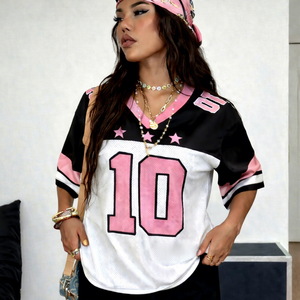 T-shirt décontracté en jersey de maille teint en pièce respirant à col rond et manches courtes pour femme grande taille, numéro 10, rose, noir, blanc - Product Image 2