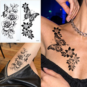 Autocollants de <span class=keywords><strong>tatouage</strong></span> de fleurs de <span class=keywords><strong>papillon</strong></span> noires, imperméables, longue durée, art corporel réaliste - Product Image 1