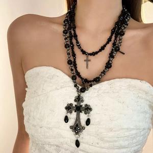 Модное ретро-колье с темным крестом из сплава, натуральными бриллиантами и бусинами, женское, нишевое, длинное, в стиле субкультуры, для модниц, класса люкс - Product Image 4