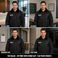 Blouson Bomber de Sécurité pour Homme avec Col en Fausse Fourrure, Manteau d'Hiver Chaud pour Agent de Sécurité, Veste à Fermeture Éclair avec Rabat Anti-Intempéries, Patch de Sécurité Personnalisé