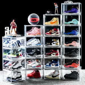 Akrilik transparan sepatu basket Koleksi plastik tampilan rak Drop sisi jelas kotak penyimpanan sepatu Stackable kotak Sneaker