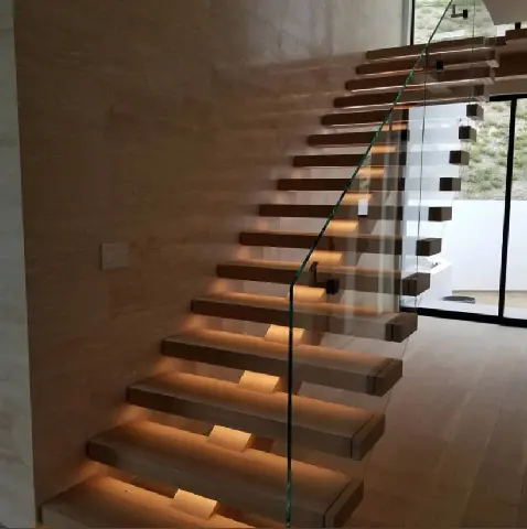 North American construction code modern stair floating straight stairs Interior staircase with Wood Tread and Glass Railing