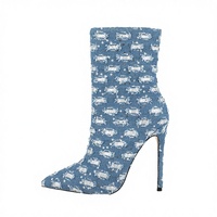 Bottes de danse pour femmes style western, à bout pointu, automne/hiver, avec fermeture éclair, logo personnalisé, sexy et élégantes, talons aiguilles de 12 cm, en jean déchiré, montantes à la cheville