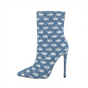 Bottes de danse pour femmes style western, à bout pointu, automne/hiver, avec fermeture éclair, logo personnalisé, sexy et élégantes, talons aiguilles de 12 cm, en jean déchiré, montantes à la cheville - Product Image 2