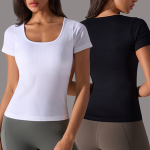 Nuovo Logo personalizzato a coste sport a maniche corte t-shirt da donna sottile con collo quadrato sportivo Top Yoga con imbottito - Product Image 3