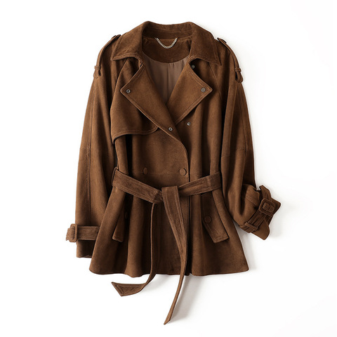 4268 Genuine Leather Suede Lapel Double Row Buckle Tied Waist Mid Length Casual Style Windbreaker Jacket for Women