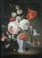 Bouquet de fleurs aux couleurs riches, huile sur toile : Fleurs corailles dans un vase cobalt, coups de pinceau texturés sur toile marron chaud