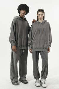 350 GSM erkekler ağır pamuk Terry Vintage Joggers sıkıntılı asit yıkanmış Sweatpants geniş bacak soluk düz ter pantolon - Product Image 4