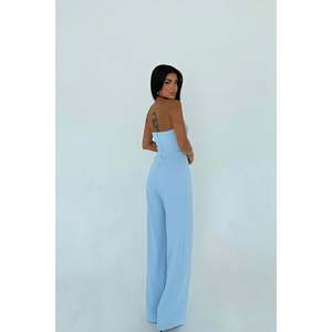 Combinaison bleue sans bretelles à taille haute avec col carré, style fitness yoga, motif imprimé formel, longueur midi pour l'été - Taille XS - Product Image 1