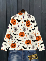 Suéter de cuello alto para mujer con diseño de calabaza y murciélago de Halloween, tejido por computadora, con transferencia térmica, personalizado para uso diario informal o festivo