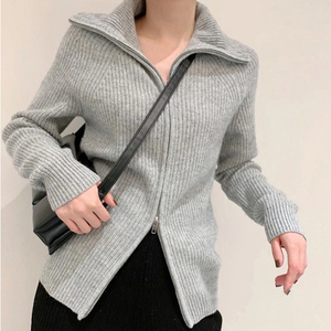 Pull en <span class=keywords><strong>laine</strong></span> <span class=keywords><strong>mérinos</strong></span> à double fermeture éclair, couleur unie, col rabattu, fin, pour femmes, printemps 2021 - Product Image 1