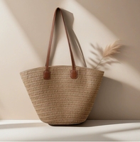 Panier en paille naturelle fait main, design classique simple, grand espace, idéal pour le shopping, les voyages et la plage - Vente chaude