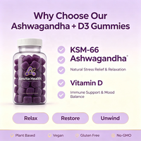 Gummies de beauté à base de plantes KSM-66 Ashwagandha et Vitamine D pour la relaxation et le soulagement du stress chez l'adulte (Marque Blanche)