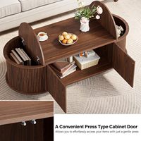 Table basse ovale en bois d'ingénierie de style Mid-Century Modern avec portes à charnières cannelées et double plateau rabattable à couvercles cachés, mobilier de salon