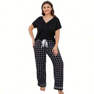 WanBao nouveauté She grande taille chemise à manches courtes taille élastique pantalon ample 2 pièces femmes été vêtements de détente pyjama - Product Image 3