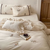 Parure de lit 5 pièces effet lin brodé, housse de couette, drap-housse, drap plat, applique brodée en polyester, nouveau style chinois