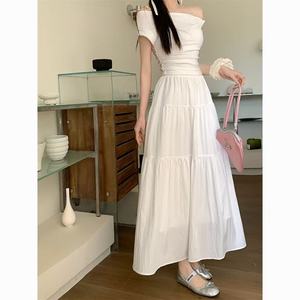 White Off The Shoulder A Line Midi Dress With Pleated Skirt Elegant French Style Solid Color One Shoulder Summer Dress - Product Image 1