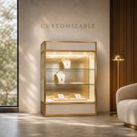 Vitrine à bijoux moderne sur mesure, haute, avec cadre doré, éclairage LED, vitrine en verre pour boutique, vente en gros