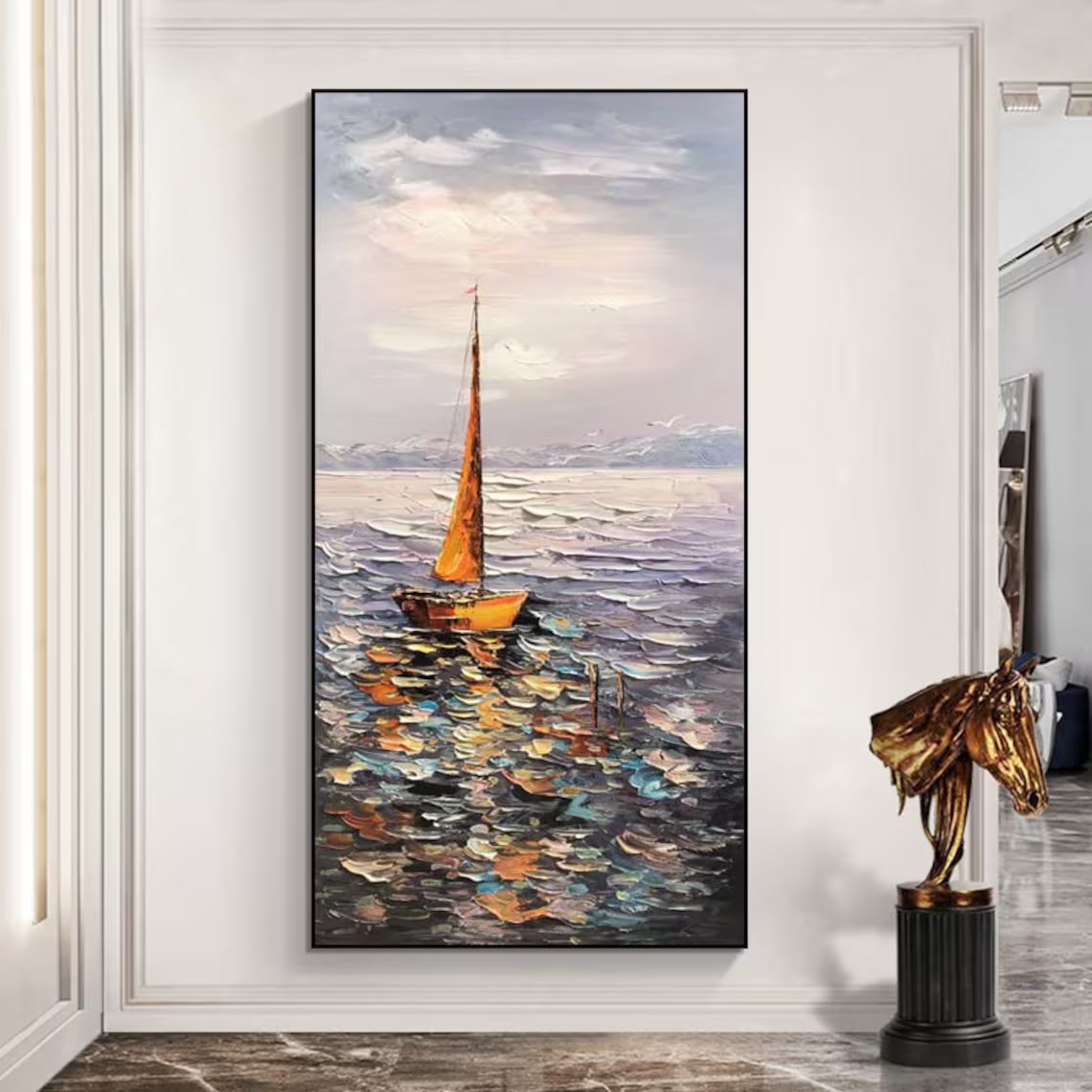 Quadro Tela Astratto Barca A Vela - Dipinto Moderno 75x150 Cm Per Soggiorno, Senza Cornice - Foto 11