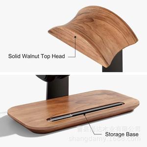 Wooden gaming <b>headset</b> <b>stand</b> with phone storage base and pen slot; tabletop iron and wood combination storage rack - Product Image 1