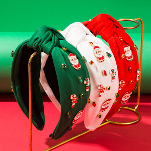 Diadema ancha con nudo navideño y parches de Papá Noel y bastones de caramelo con diamantes de imitación, accesorios para el cabello para fiestas navideñas de mujer - Product Image 1