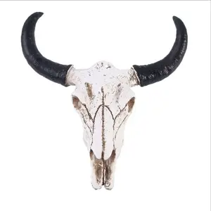 cow head wall sculpture Suppliers-Resin Longhorn Kepala Tengkorak Sapi Dekorasi Gantung Dinding 3D Hewan Satwa Liar Patung Tanduk Kerajinan untuk Dekorasi Rumah Halloween