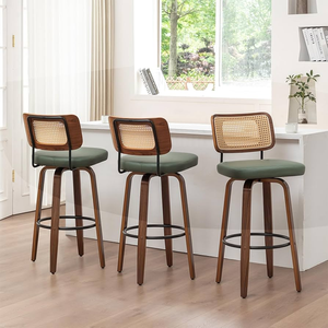 3 26-Inch Counter Height Vintage <strong>Bar</strong> <strong>Stools</strong> Black <strong>Cane</strong> Back Beige Linen Upholstered Seat Swivel Living Room Furniture - Product Image 1