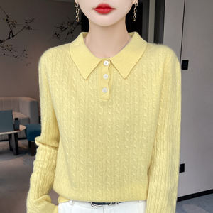 100% צמר טהור כבל לנשים לסרוג שרוול ארוך עבור הסוודר פונה צווארון אפור למטה לחצן העליון - Product Image 1